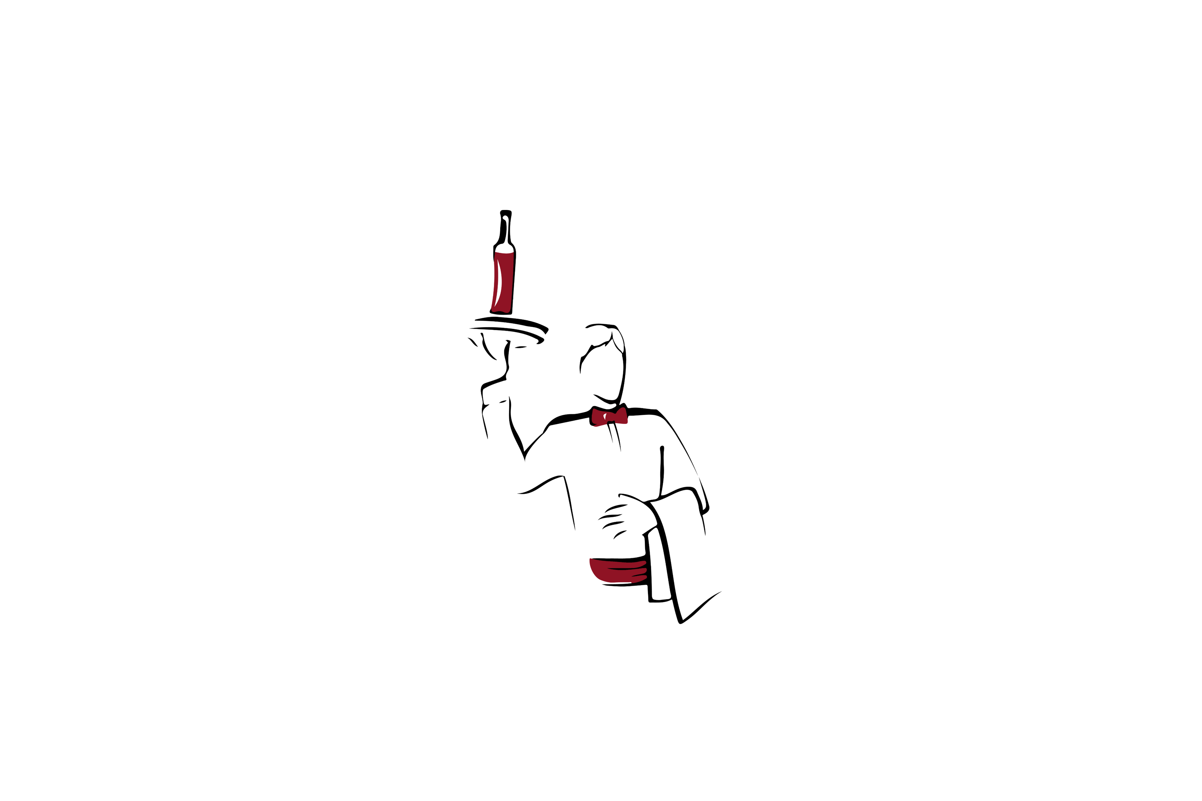 Bottle Butlers logo af enkel tegning af en tjener med butterfly og bakke, der bærer en flaske vin.