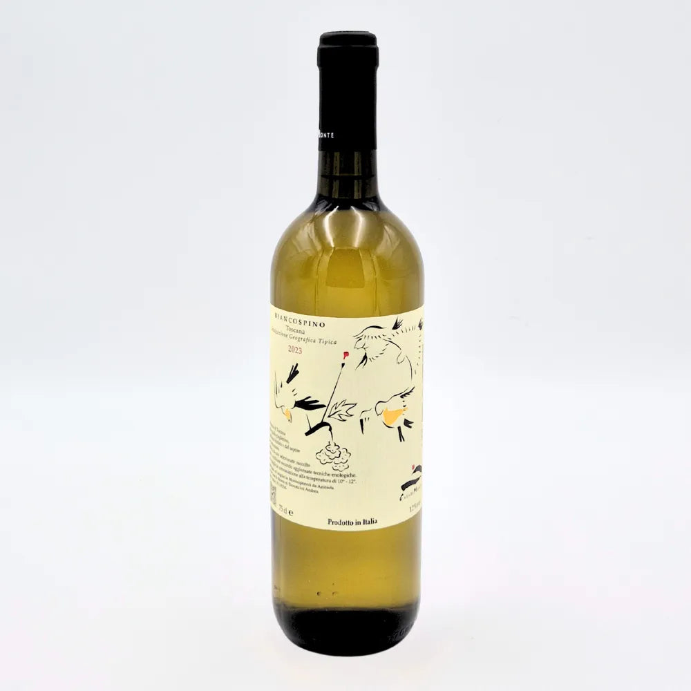 Flaske hvidvin med etiketten "Biancospino I.G.T. Indicazione Geografica Tipica" på lys baggrund.