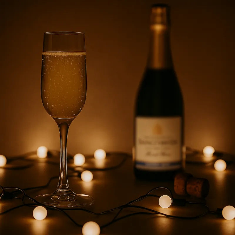 Glas med champagne foran en flaske Réserve Brut omgivet af varme lyskæder og korkpropper i dæmpet belysning.
