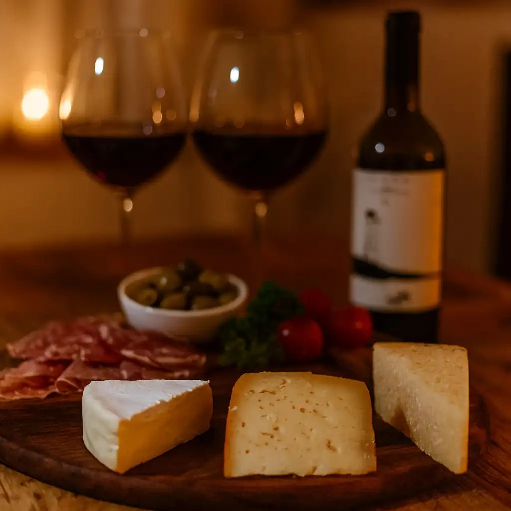 Ostebord med forskellige oste, skinke, oliven og tomater serveret med to glas rødvin og en flaske Cadmo i baggrunden i varm belysning.