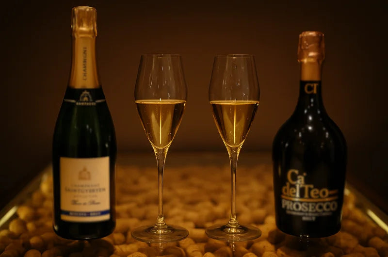 To glas med mousserende vin står på et bord dækket af vinkorker, flankeret af en flaske champagne og en flaske prosecco.