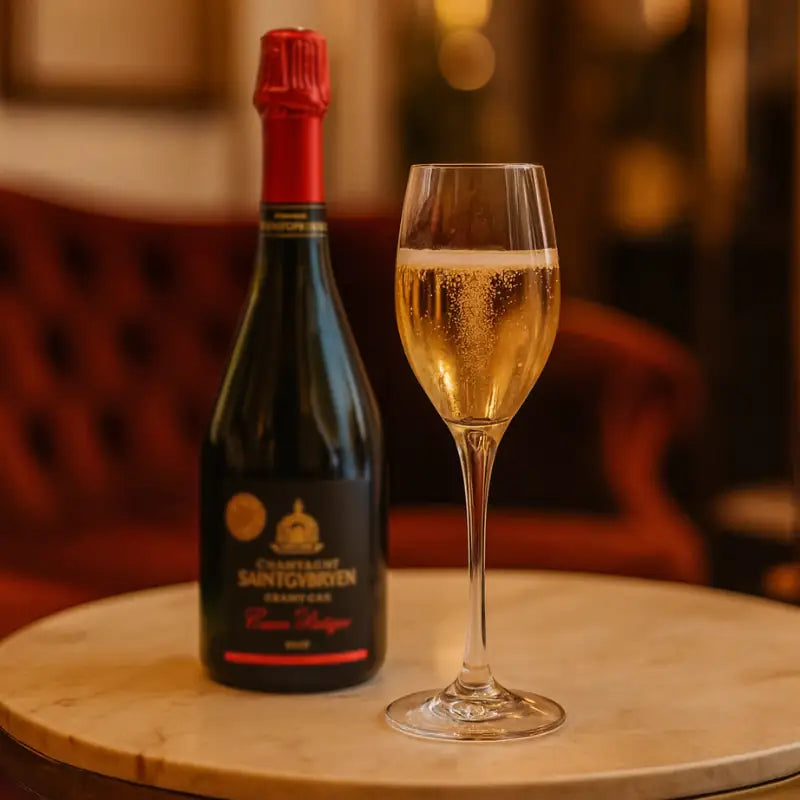 Glas med mousserende vin foran en flaske Cuvée Prestige med rød folie og sort etiket, placeret på et marmorbord i en elegant, varm belysning.