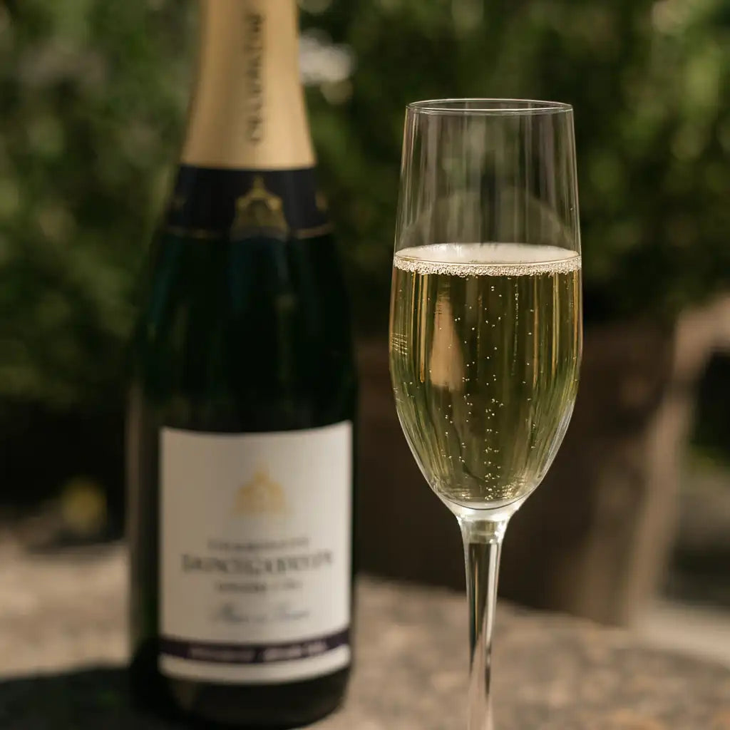 Glas med mousserende vin foran en flaske Réserve Demi-Sec champagne, fotograferet i naturligt sollys udendørs.