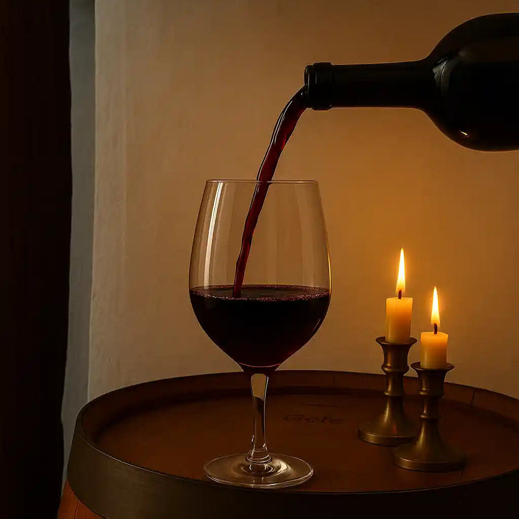 Rødvin hældes i et vinglas på et vintønde-bord ved siden af to tændte stearinlys, oplyst af varmt og stemningsfuldt lys.