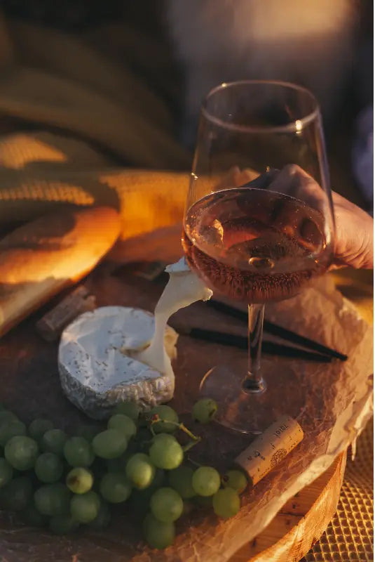 Glas rosévin ved siden af en cremet ost, grønne druer og brød på et rustikt træbræt i varmt sollys.