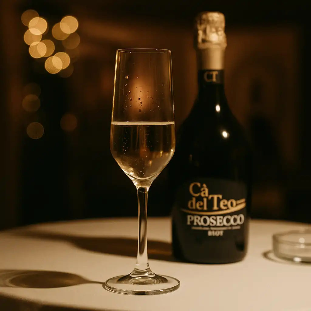 Glas med prosecco foran en flaske Cà del Teo Prosecco på et bord, oplyst af varmt aftenlys med bløde bokeh-lys i baggrunden.
