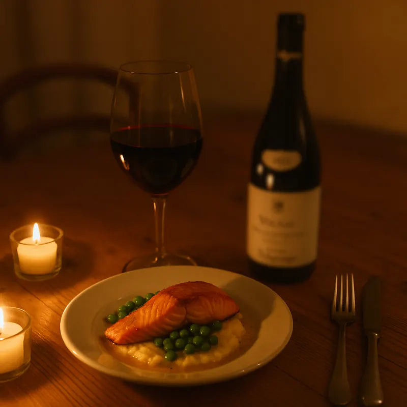 Tallerken med stegt laks, ærter og kartoffelmos serveret med et glas rødvin og en flaske Volnay Vielles Vignes på et bord oplyst af stearinlys.