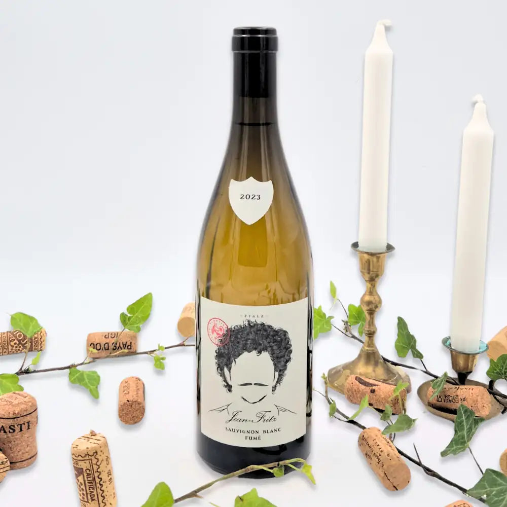 Sauvignon Blanc omgivet af vinkorker, grønne blade og to hvide lysestager på hvid baggrund.