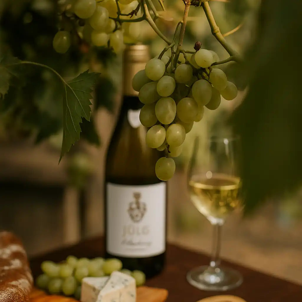 Flaske Jülg Schweigen Chardonnay med glas hvidvin, grønne druer, ost og brød på et bord under vinranker i gyldent eftermiddagslys.
