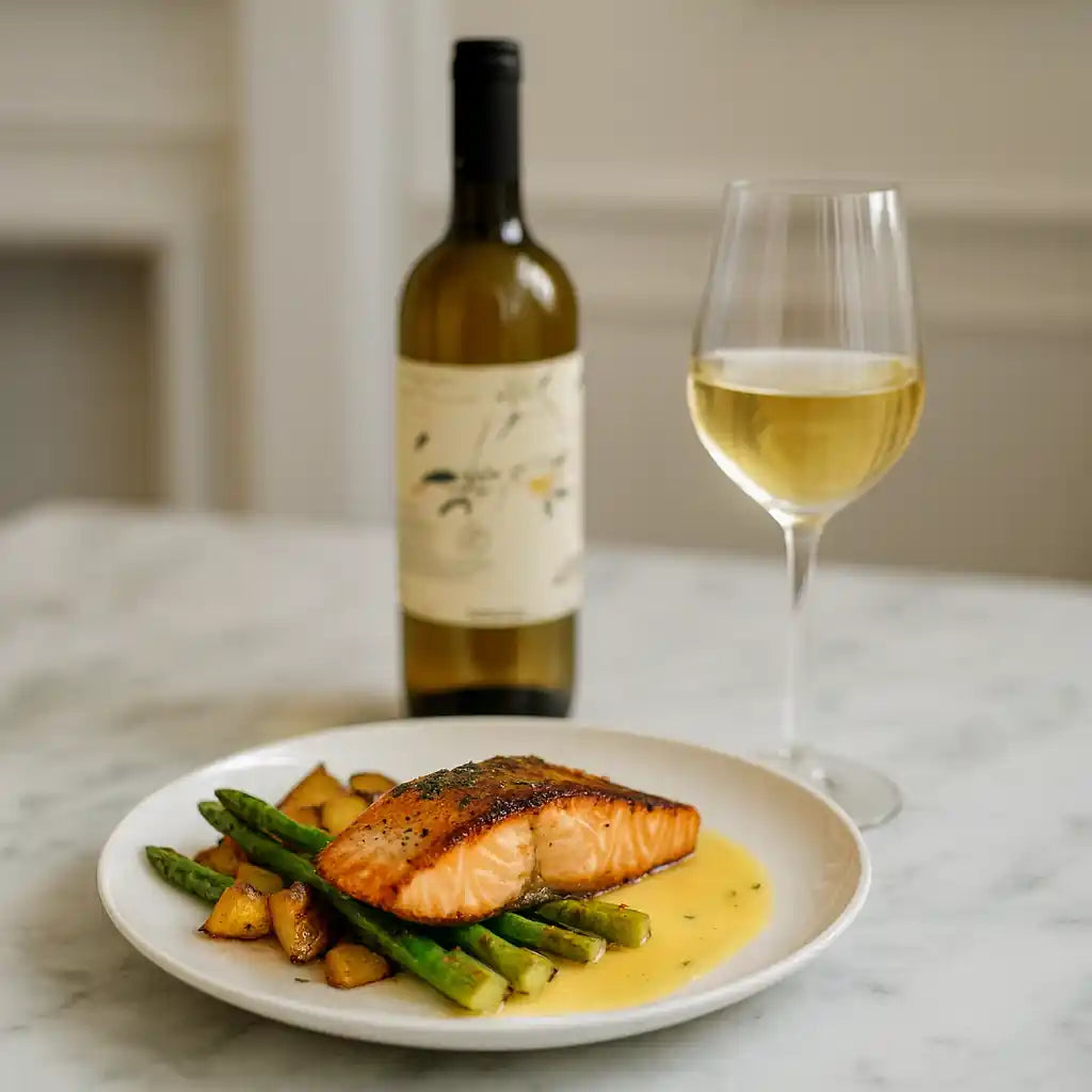 Tallerken med stegt laks, asparges og kartofler i sauce serveret med et glas hvidvin og en flaske Biancospino på et marmorbord.