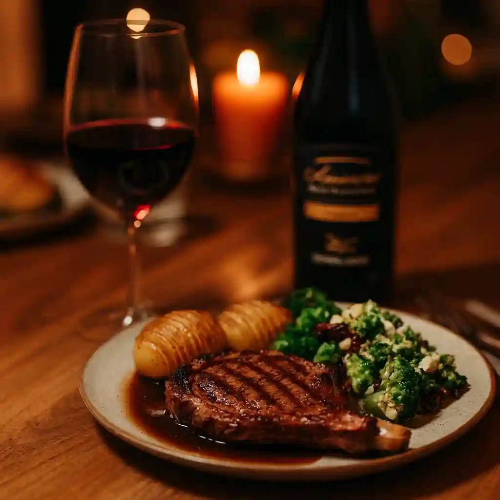 Tallerken med grillet bøf, hasselbackkartofler og grøn salat serveret med et glas Amarone-rødvin og en flaske i baggrunden på et stemningsfuldt, oplyst middagsbord.