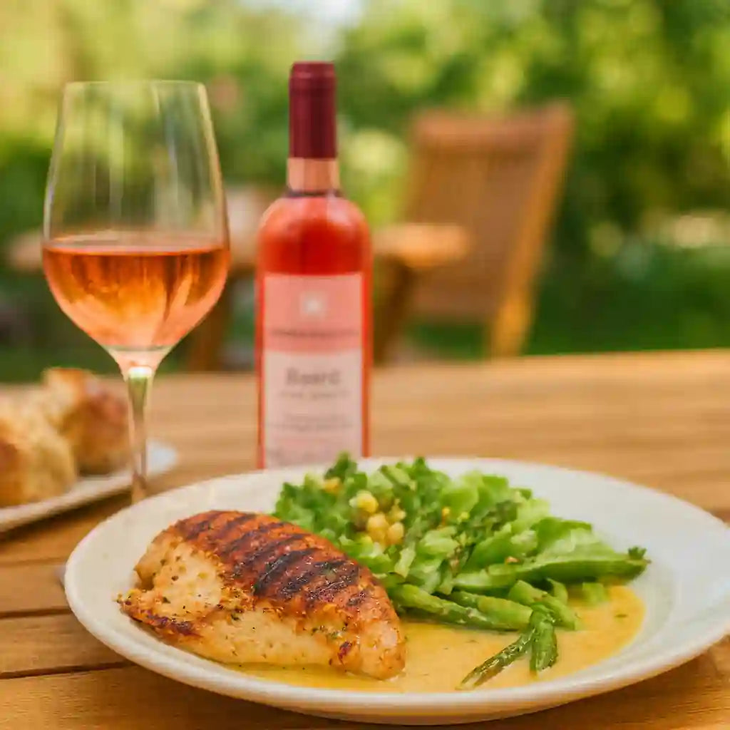 Tallerken med grillet kylling, grønne bønner og sauce serveret med et glas rosévin og en flaske Roseo i baggrunden på et udendørs træbord.
