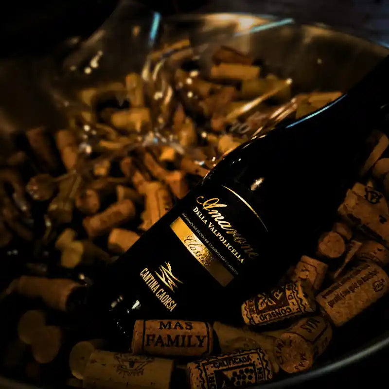 Flaske Amarone della Valpolicella placeret blandt mange vinpropper i dæmpet, varm belysning.