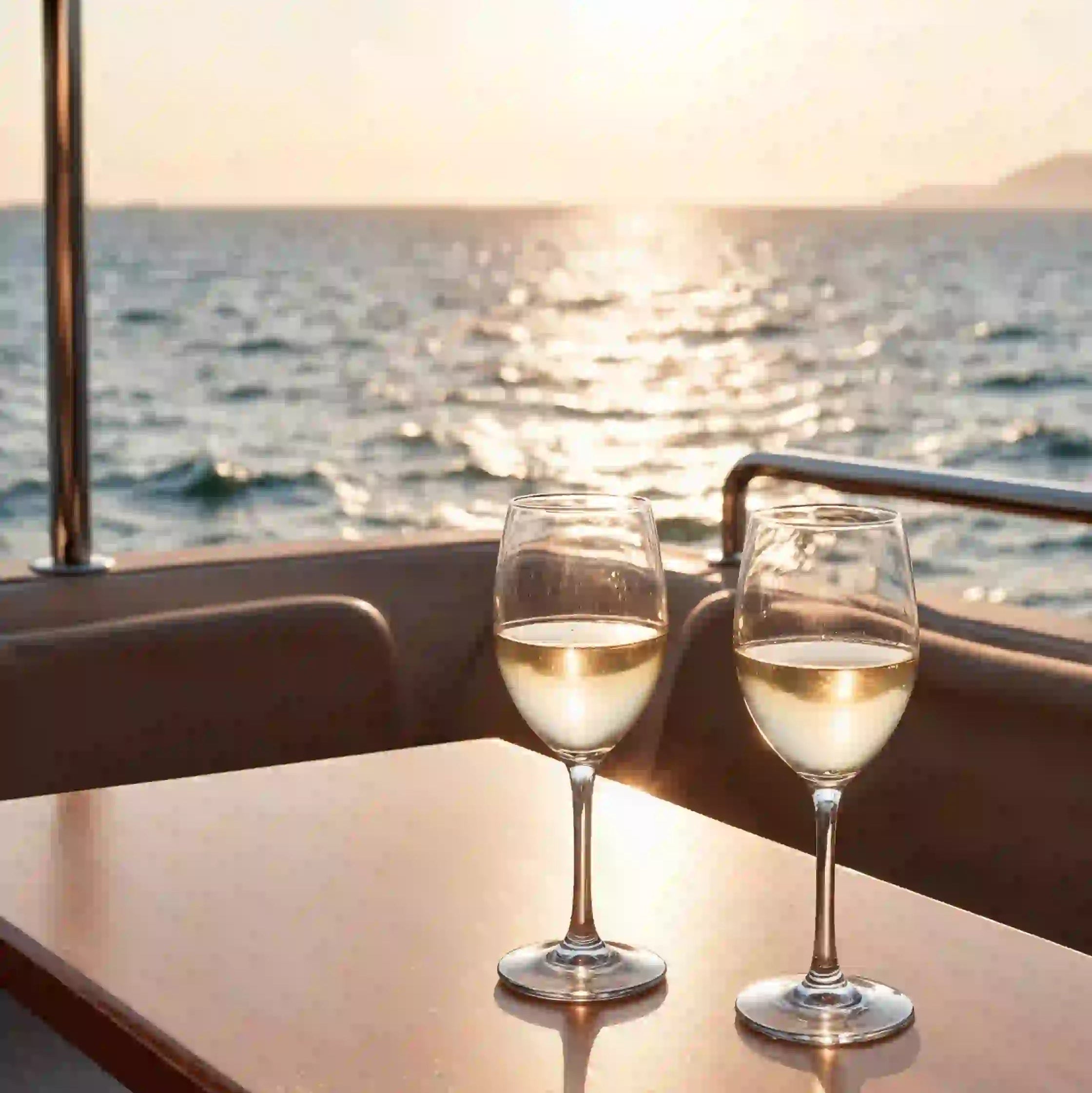 To glas hvidvin på et bord ombord på en båd med udsigt over havet og solnedgangen i baggrunden.